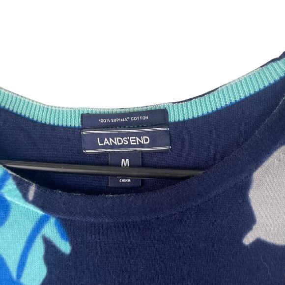Lands' End Women's Size Medium Supima Cotton Floral Blue Rib Knit Sweater - Picture 4 of 7